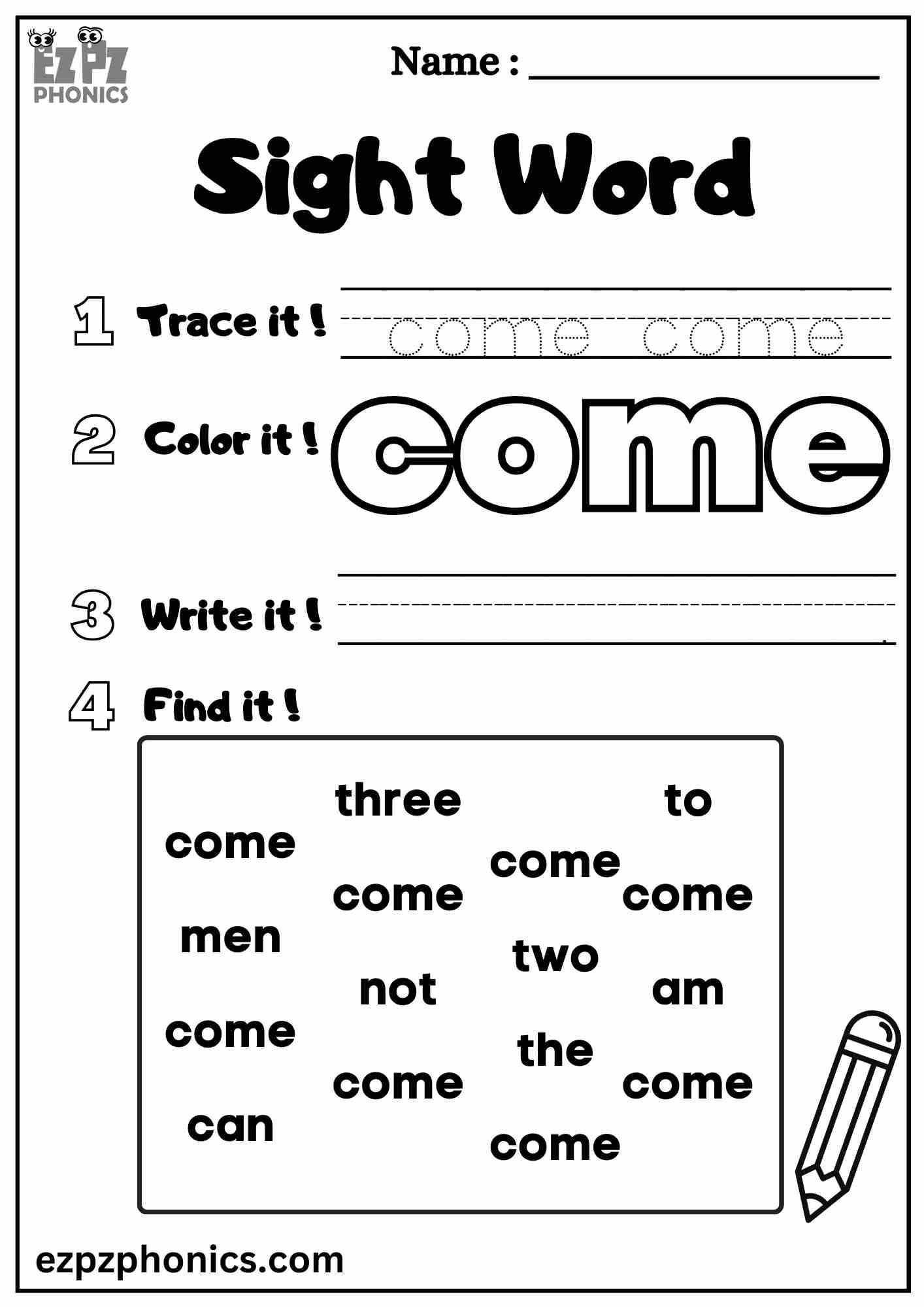 The Come Sight Word Worksheet for Pre-Kindergarten Students Dolch Sight